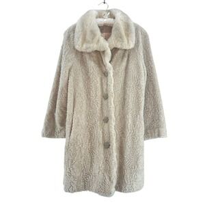Vintage 60s Womens Long Faux Fur Coat S Cream Union Pockets Quiet Luxury Chic
